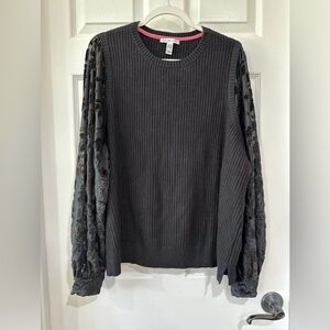 Isaac Mizrahi Live! 2X Sweater with Burnout Velvet Sleeves Pitch Black NEW